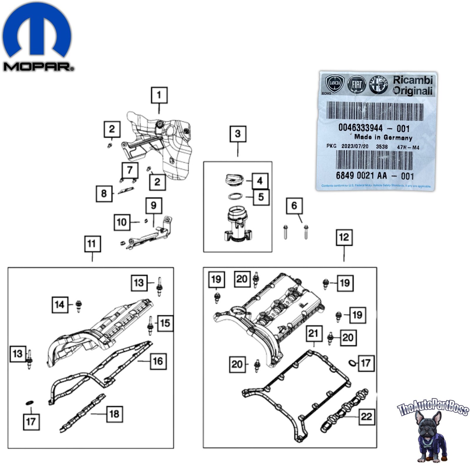 Mopar 3.0L Cylinder Head Cover Gasket OEM Mopar 68490021AA 68490021AA